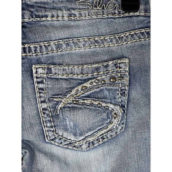 Silver Jeans Women’s 27/33 Tuesday Bootcut Flare Low-Rise Distressed Blue Denim - Picture 15 of 16